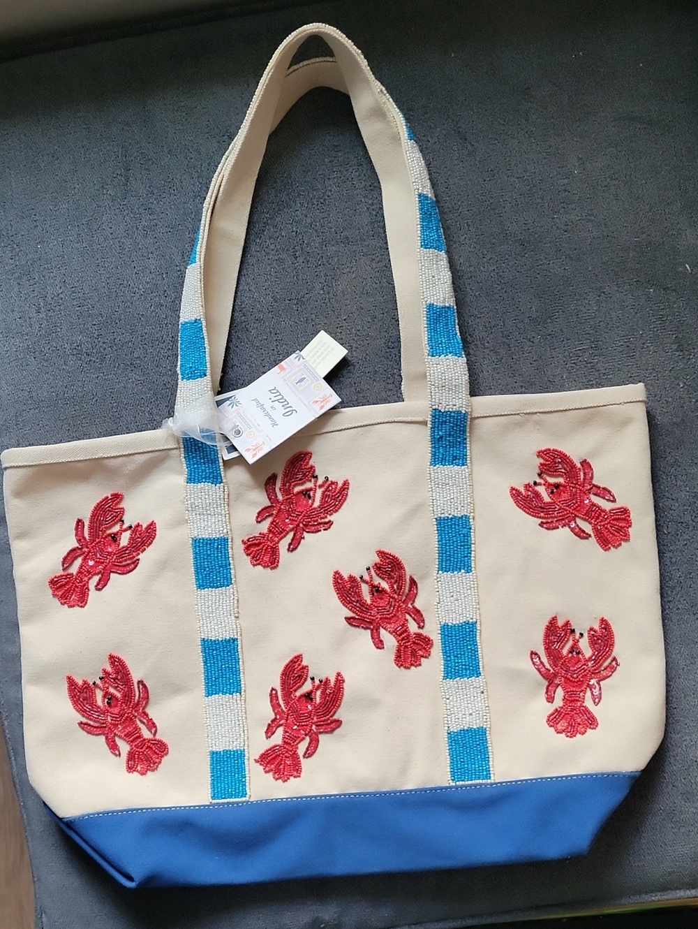 Viral Beaded Stripe Canvas Tote with Red Lobster Embroidery - Blue & Cream